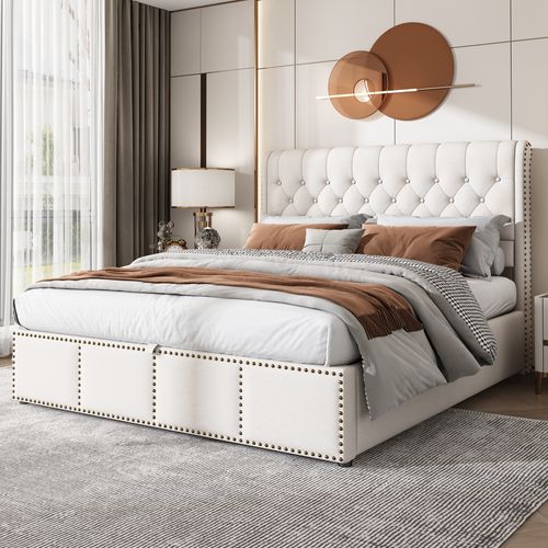 Lit Rembourré Coffre 140x200 Cm En Gris Pu Avec Tête De Lit Et Sommier