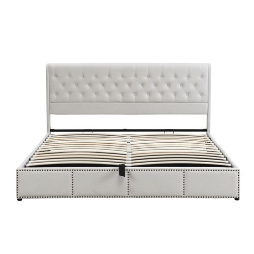 Lit Rembourré Coffre 140x200 Cm En Gris Pu Avec Tête De Lit Et Sommier