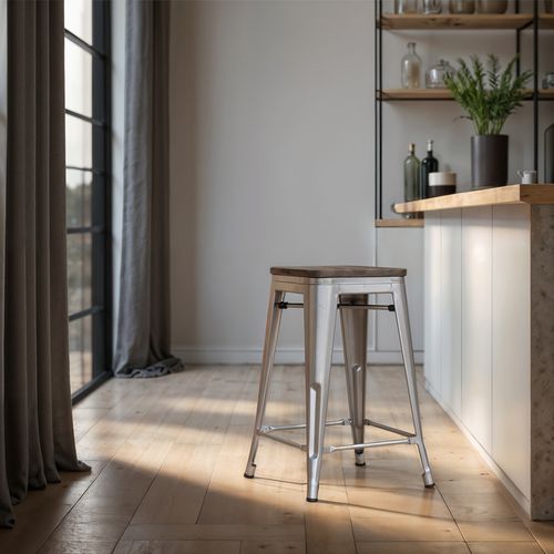 Tabouret De Bar - Design Industriel - Bois Et Acier - 60cm -metalix Turquoise