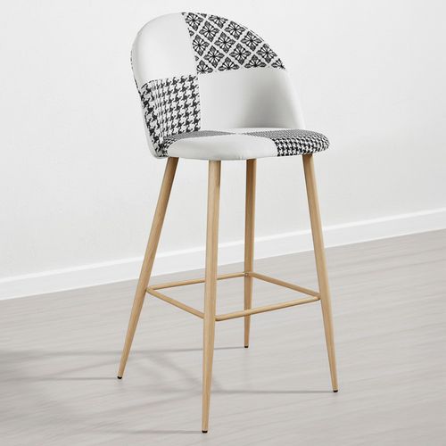 Tabouret Tapissé Patchwork - Style Scandinave - Noir Et Blanc - Bennett Blanc / Noir