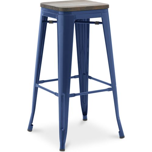 Tabouret De Bar - Design Industriel - Bois Et Acier - 76 Cm - New Edition- Metalix Bleu Foncé
