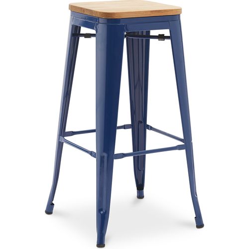 Tabouret De Bar - Design Industriel - Bois Et Acier - 76cm - - Metalix Bleu Foncé