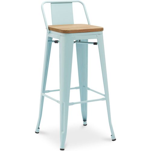 Tabouret De Bar Avec Dossier - Design - Bois Et Acier - 76cm - - Metalix Bleu Clair