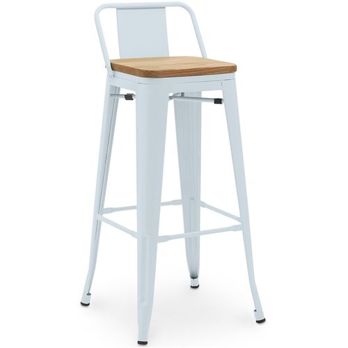 Tabouret De Bar Avec Dossier - Design - Bois Et Acier - 76cm - - Metalix Bleu Gris