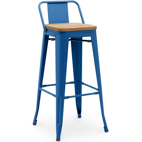 Tabouret De Bar Avec Dossier - Design - Bois Et Acier - 76cm - - Metalix Bleu Foncé