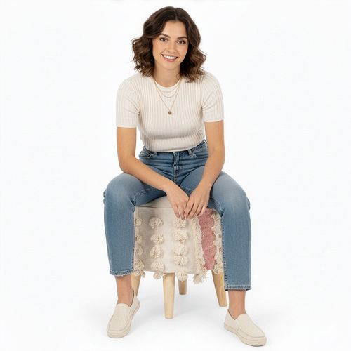 Tabouret Boho Bali Design En Bois De Pin, Coton - Vanessa Bali Beige