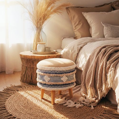 Tabouret Boho Bali Design En Bois De Pin, Coton - Zoe Bali Bleu
