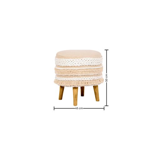 Tabouret Boho Bali Design En Bois De Pin, Coton  - Isabella Bali Ivoire