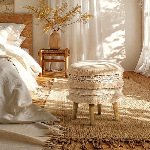 Tabouret Boho Bali Design En Bois De Pin, Coton - Janice Bali Blanc