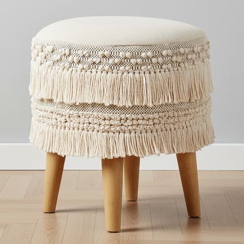 Tabouret Boho Bali Design En Bois De Pin, Coton - Gwinnett Bali Crème