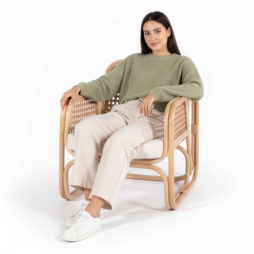 Fauteuil En Rotin Avec Accoudoirs, Design Boho Bali - Leta Blanc