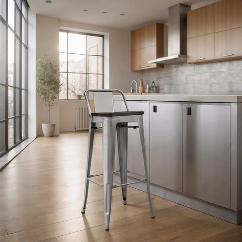 Tabouret De Bar Design Industriel Avec Dossier - Bois Et Acier - 76cm - Metalix Violet Clair