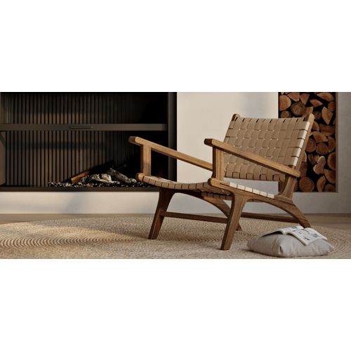 Fauteuil De Salon Avec Accoudoirs - Design Boho Bali - Bois Et Cuir - Grau Marron