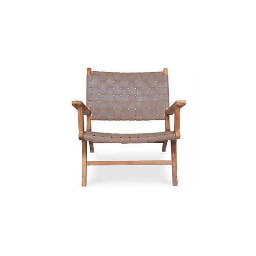 Fauteuil De Salon Avec Accoudoirs - Design Boho Bali - Bois Et Cuir - Grau Marron