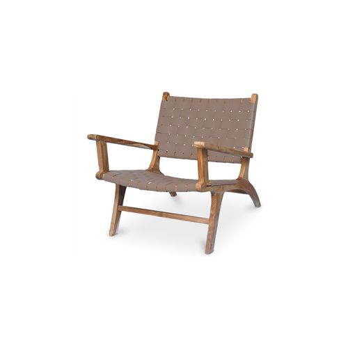 Fauteuil De Salon Avec Accoudoirs - Design Boho Bali - Bois Et Cuir - Grau Marron