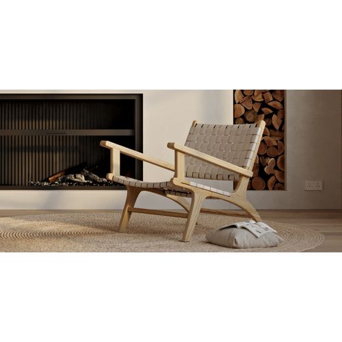 Fauteuil De Salon Design Boho Bali Avec Accoudoirs - Bois Et Lin - Grau Taupe