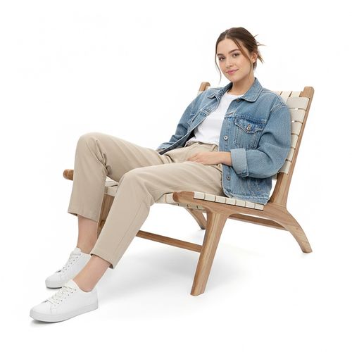 Fauteuil De Salon Artisanal Au Design Boho Bali En Bois Et Lin - Grau Beige