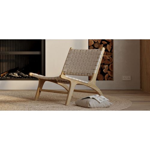 Fauteuil De Salon Artisanal Au Design Boho Bali En Bois Et Lin - Grau Taupe