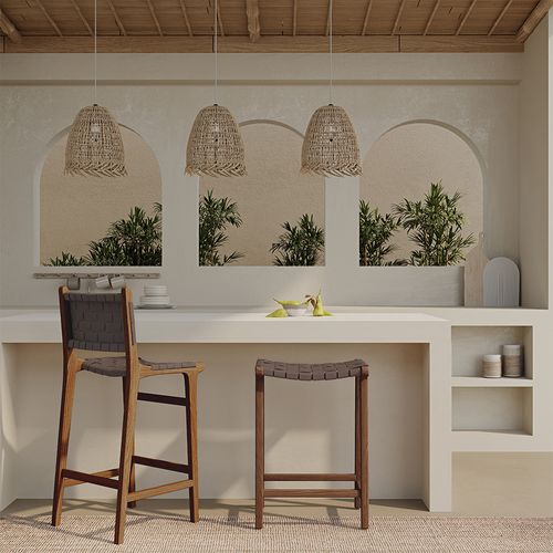 Tabouret De Bar Boho Bali En Bois Et Cuir Avec Dossier - Grau Marron