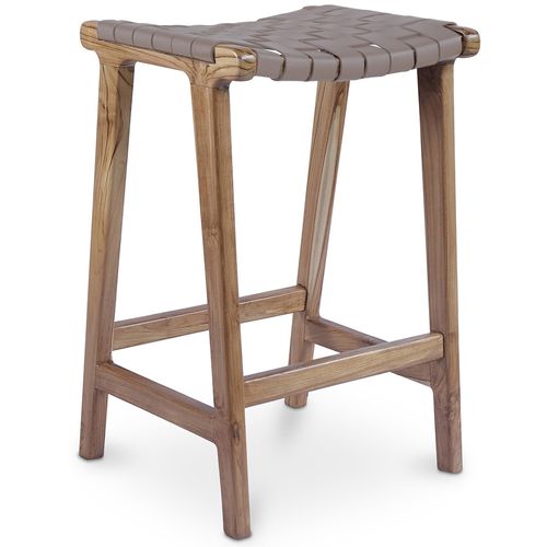 Tabouret De Bar Boho Bali En Bois Et Cuir Avec Dossier - Grau Marron