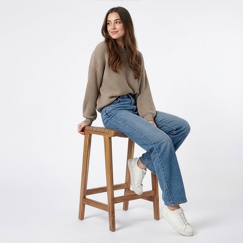 Tabouret De Bar Boho Bali En Bois Et Cuir Avec Dossier - Grau Marron