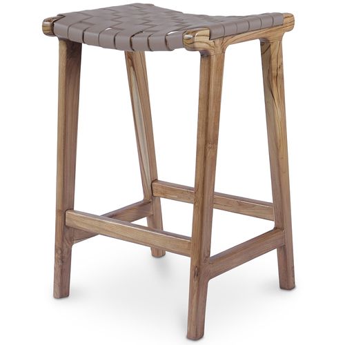 Tabouret De Bar Boho Bali En Bois Et Cuir Avec Dossier - Grau Marron