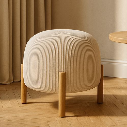 Pouf Rond Tapissé En Velours Côtelé Avec Pieds En Bois Naturel - Merv Olive