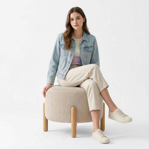 Pouf Rond Tapissé En Velours Côtelé Avec Pieds En Bois Naturel - Merv Olive