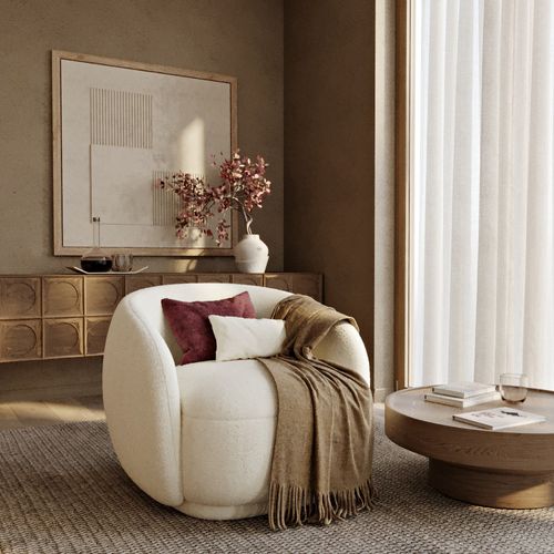 Fauteuil Tapissé En Tissu Bouclé - Design Courbé - Wendry Crème