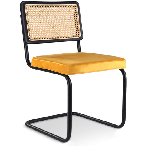 Chaise De Salle à Manger - Tapissée En Velours - Bois Et Rotin - New Edition - Nema Moutarde