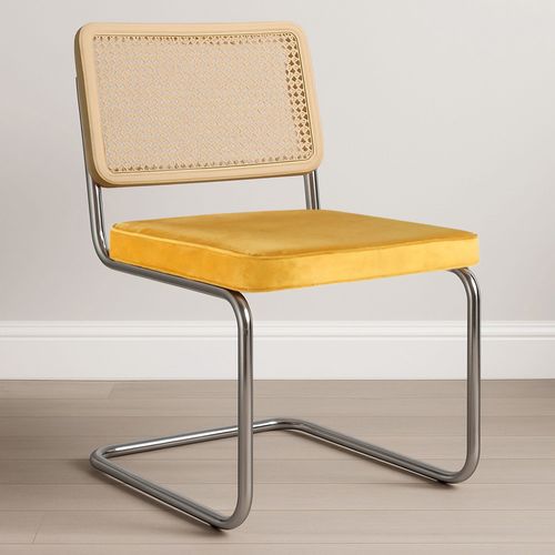 Chaise De Salle à Manger - Tapissée De Velours - Bois Et Rotin - New Edition - Wanda Moutarde