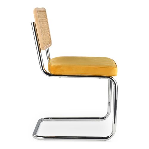 Chaise De Salle à Manger - Tapissée De Velours - Bois Et Rotin - New Edition - Wanda Moutarde