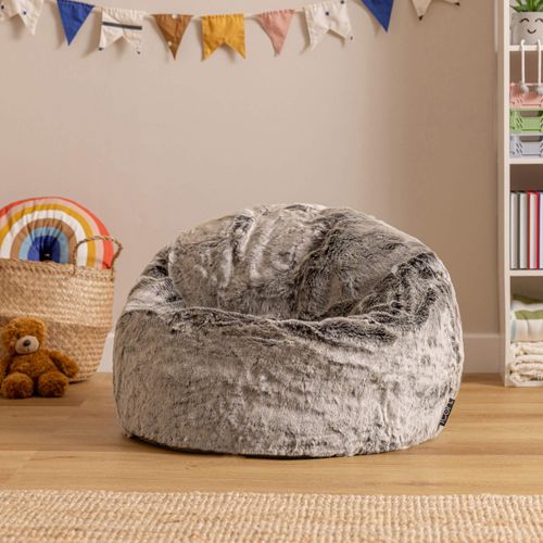 Pouf Poire Enfant Icon Fausse Fourrure Gris Loup, Chambre, Salon, 65 X 65cm