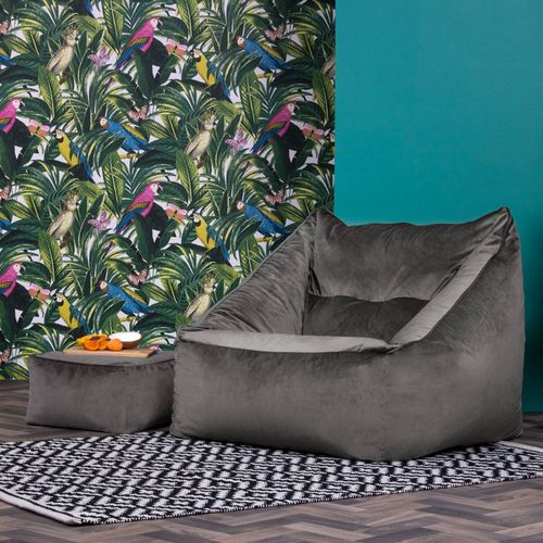 Pouf Fauteuil Natalia Avec Repose-pied Carré Velours Gris Anthracite, 88 X 100cm
