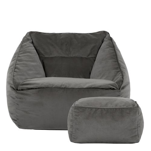 Pouf Fauteuil Natalia Avec Repose-pied Carré Velours Gris Anthracite, 88 X 100cm