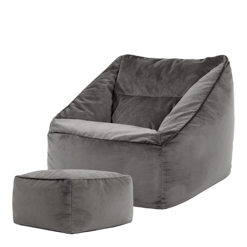Pouf Fauteuil Natalia Avec Repose-pied Carré Velours Gris Anthracite, 88 X 100cm