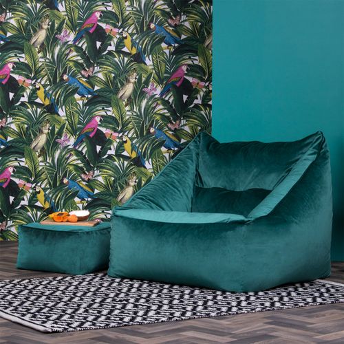 Pouf Fauteuil Natalia Avec Repose-pied Carré Icon Velours Bleu Canard, 88 X 100cm