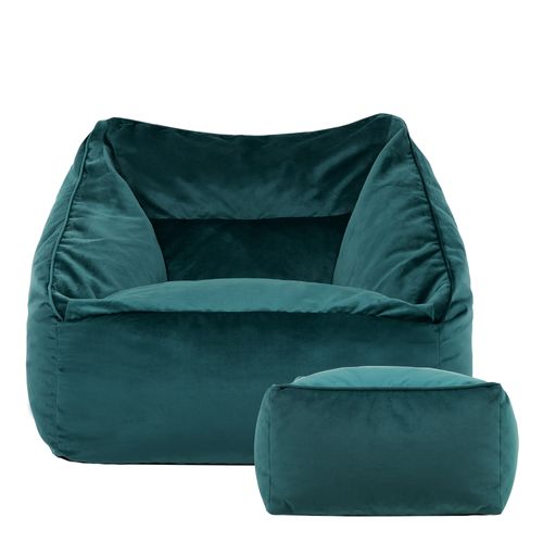 Pouf Fauteuil Natalia Avec Repose-pied Carré Icon Velours Bleu Canard, 88 X 100cm