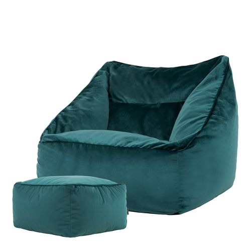 Pouf Fauteuil Natalia Avec Repose-pied Carré Icon Velours Bleu Canard, 88 X 100cm