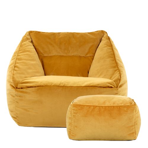 Pouf Fauteuil Natalia Avec Repose-pied Carré Velours Jaune Ocre, 88 X 100cm