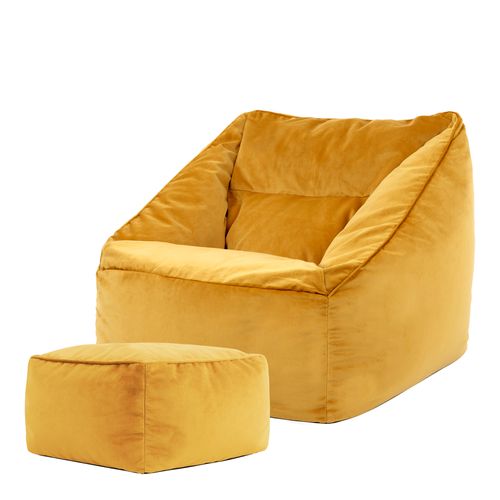 Pouf Fauteuil Natalia Avec Repose-pied Carré Velours Jaune Ocre, 88 X 100cm