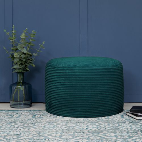 Pouf Repose-pied Frankie Rond, Velours Côtelé Bleu Canard, Salon, 55 X 55cm