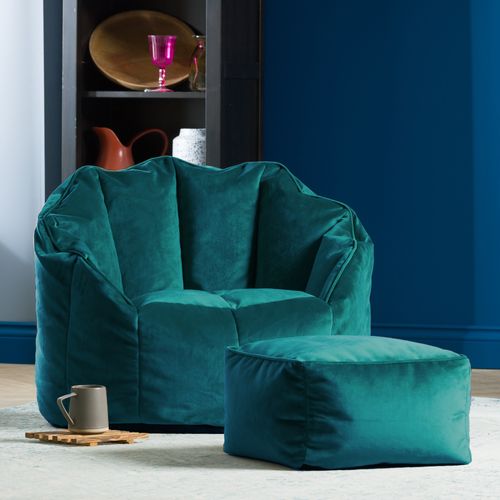Pouf Fauteuil Sirena Avec Repose-pied Velours Bleu Canard, Salon, 77 X 74cm