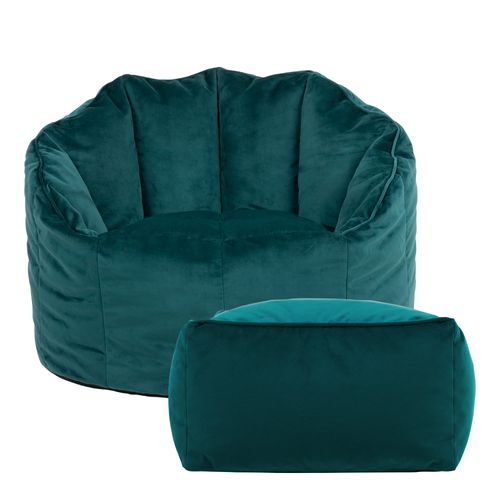 Pouf Fauteuil Sirena Avec Repose-pied Velours Bleu Canard, Salon, 77 X 74cm