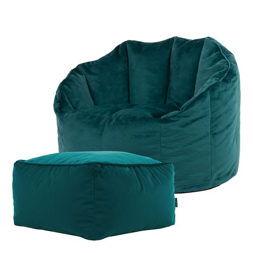 Pouf Fauteuil Sirena Avec Repose-pied Velours Bleu Canard, Salon, 77 X 74cm