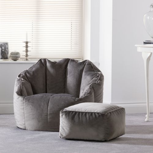 Pouf Fauteuil Sirena Avec Repose-pied Velours Gris Anthracite, Salon, 77 X 74cm