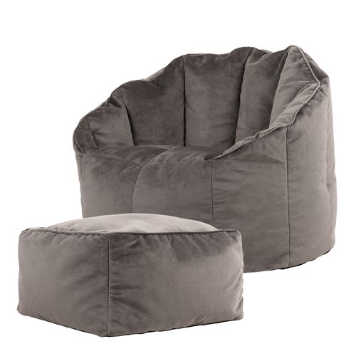Pouf Fauteuil Sirena Avec Repose-pied Velours Gris Anthracite, Salon, 77 X 74cm