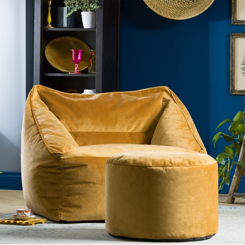 Pouf Fauteuil Natalia Avec Repose-pied Rond Icon Velours Jaune Ocre 100 X 88cm