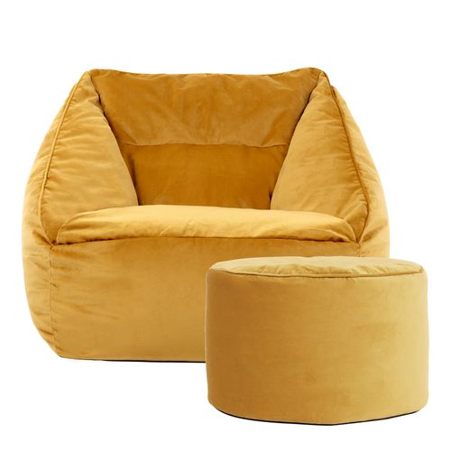 Pouf Fauteuil Natalia Avec Repose-pied Rond Icon Velours Jaune Ocre 100 X 88cm