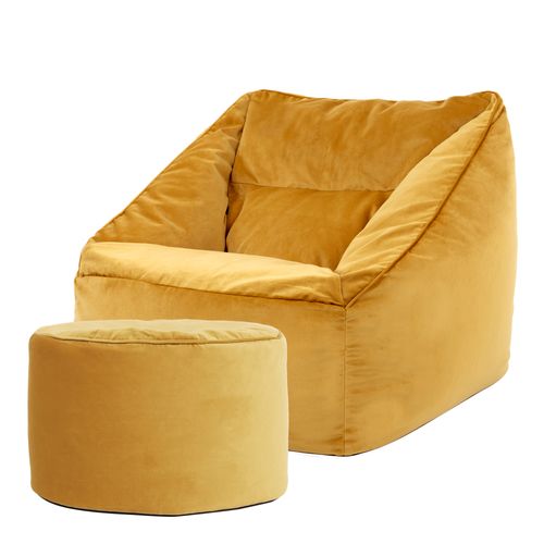 Pouf Fauteuil Natalia Avec Repose-pied Rond Icon Velours Jaune Ocre 100 X 88cm